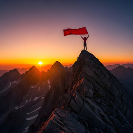 Silhouette of a man holding a red flag on the top of the mountain.の素材