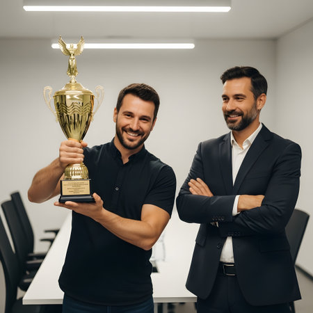 Successful businessman is holding a trophy and smiling while standing in the officeの素材