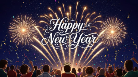 Happy New Year greeting card with people and fireworks in the night skyの素材