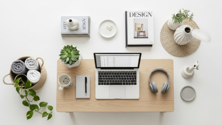 A top-down, high-angle flat lay shot captures a clean and organized workspace on a light wooden desk, set against a bright white background. The central focus is an open laptop, positioned next to a pair of grey over-ear headphones. To the left of the laptop, a small potted succulent adds a touch of greenery, along with a white mug and a grey notebook with a pen. The surrounding area features carefully arranged decorative items: a stack of books including one labeled 'ART DESIGN,' a woven basket filled with rolled towels and a trailing plant, and various white ceramic objects like vases and small dishes on a round woven placemat. The overall composition emphasizes a minimalist, modern, and tidy aesthetic for remote work or creative endeavors.の素材