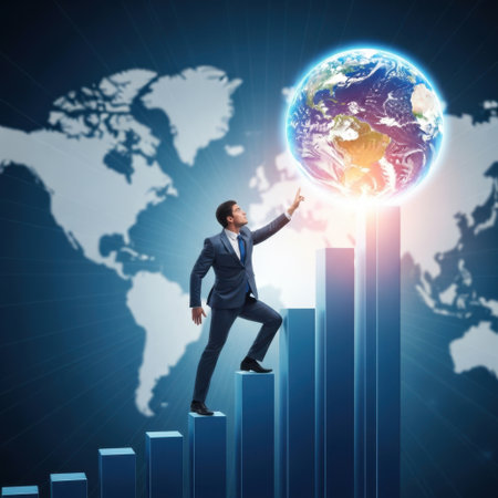 A dynamic image depicting a businessman in a suit ascending a rising bar chart. He stands on one of the higher bars, pointing towards a vibrant, glowing globe representing the planet Earth, which rests on the peak of the tallest bar. The background features a faint, stylized world map, symbolizing international business expansion, career growth, global reach, and corporate ambition. The composition merges financial concepts with worldwide goals.の素材