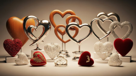 A still life composition features a variety of heart-shaped decorative objects set against a neutral background. The collection includes sculptures crafted from different materials such as polished silver metal, warm-toned wood, and soft velvet fabric, along with smaller hearts adorned with glitter and intricate designs. The items are arranged in a dynamic display, highlighting themes of love and romance, and are suitable for occasions like Valentine's Day or anniversaries.の素材