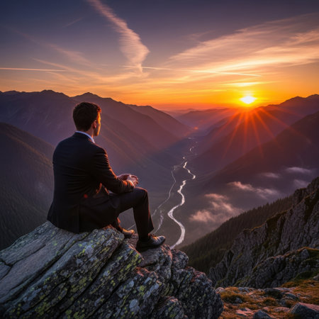 A man in a dark suit sits atop a craggy rock formation, gazing out over a sweeping mountain range and valley below during a vibrant sunset. The view, captured from behind the man, showcases a deep valley where a winding river meanders through layers of mist and forest. The sky is ablaze with warm orange and yellow hues as the sun dips below the horizon, casting long shadows across the rugged peaks. The scene evokes feelings of achievement, success, and quiet contemplation against the backdrop of a vast natural world.の素材