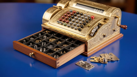 A high-angle close-up captures a beautifully ornate, antique brass cash register set against a vibrant blue background. The register features intricate details and a classic design, evoking a sense of history or steampunk aesthetics. A wooden drawer at the base is partially pulled open, revealing a partitioned interior where various small mechanical parts, including gears and springs, are carefully organized. To the side, several loose metal components rest on the blue surface, suggesting repair work or the collection of intricate mechanical elements. The bright blue color provides a striking contrast to the warm metallic and wooden tones of the vintage machine and its contents.の素材