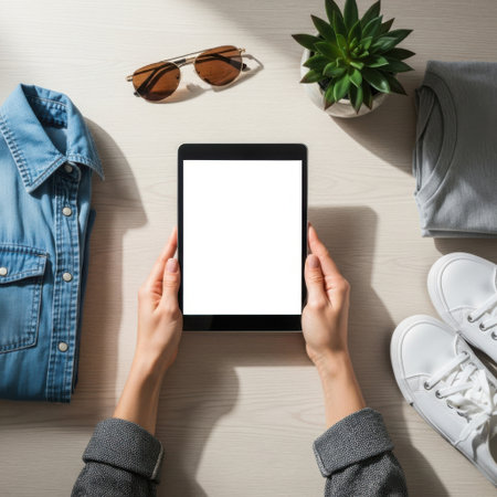A top-down flat lay view of a person's hands holding a black tablet with a blank white screen. The tablet is positioned centrally on a light-colored wooden surface, surrounded by items of casual clothing and accessories. To the left is a folded blue denim shirt, and to the right are a folded grey t-shirt and a pair of white sneakers. At the top, a pair of brown sunglasses and a small potted succulent plant complete the arrangement. The setup suggests online shopping, lifestyle content, or a fashion retail theme, with space for a mockup or advertisement on the tablet screen.の素材