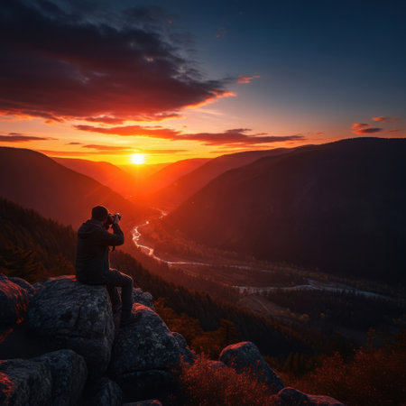 A high-angle, long shot captures a lone figure, a photographer, seated on a rugged rock formation overlooking a vast mountain range during sunset. The photographer, seen in silhouette from behind, is focused on capturing the breathtaking view with a camera held to their eye. The sun, a brilliant orb of light, sets between distant mountains, casting an intense orange and red glow over the landscape. A winding river or road snakes through the valley floor below, bordered by dark, tree-covered slopes. The sky above transitions from the fiery sunset colors to a deep blue, with dark clouds adding drama to the scene. The image evokes a sense of peace, adventure, and the beauty of nature at a magical hour.の素材