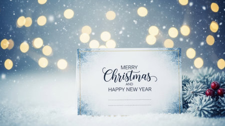 A close-up shot of a white greeting card placed in a snowy winter landscape. The card features the message 'MERRY Christmas AND HAPPY NEW YEAR' in elegant black script. The edges of the card are decorated with a glittery blue frost-like pattern. To the right of the card, snow-covered fir branches with small red berries add a traditional christmas element. The background is softly blurred with warm yellow bokeh lights, creating a magical and celebratory atmosphere. The scene is enhanced by gently falling snow, making it ideal for holiday themes.の素材