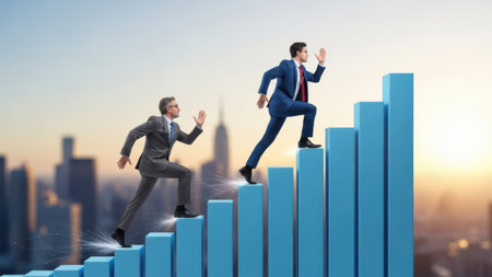 Two male professionals, dressed in business suits, are depicted running up a large, upward-trending bar graph that symbolizes financial growth and career advancement. The figure in the foreground is ahead of the second figure, suggesting competition, speed, and a forward-moving trajectory in a fast-paced environment. The background features a modern city skyline under a soft sky, reinforcing the corporate setting. The overall image represents concepts such as professional success, ambition, striving for higher goals, and the competitive nature inherent in the business world and financial markets.の素材