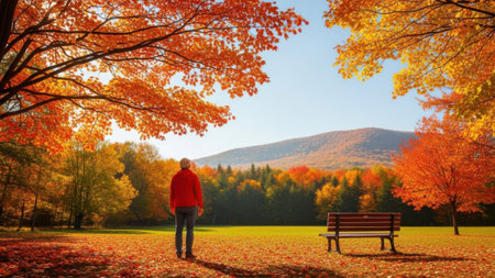 A full-length, back view shot captures a person standing in an open grassy area, surrounded by the stunning colors of autumn. The person, dressed in a vibrant red jacket and dark pants, faces away from the camera, gazing towards a distant mountain range. The ground is covered with a carpet of fallen orange and brown leaves. Trees with bright orange and yellow foliage frame the scene, with a particularly dense canopy on the left providing a striking contrast against the clear blue sky. To the right, a solitary wooden park bench offers a place for rest, adding to the peaceful and idyllic setting. The background features a large hill or mountain covered in a dense forest, highlighting the expansive beauty of the fall landscape.の素材