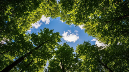 This low-angle shot captures a perspective looking directly up through a dense forest canopy. The vibrant green leaves of the trees create a natural frame, surrounding a clear patch of bright blue sky. Sunlight illuminates the upper foliage, highlighting the textures of the leaves and casting shadows below. A few small, white cumulus clouds drift peacefully within the opening of the canopy, adding depth and contrast to the scene. The image evokes a feeling of peace and connection to nature, emphasizing the contrast between the earth's rooted growth and the vastness of the sky above.の素材