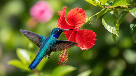 A striking close-up photograph captures a male hummingbird hovering in front of a vivid red hibiscus flower. The bird's iridescent plumage is a dazzling mix of deep blue on its head and bright green on its body, contrasting sharply with the flower's petals. Its wings are a blur of motion, signifying its rapid flight, while its long, slender beak extends towards the flower to access nectar. The background features lush green foliage, with a soft bokeh effect and a glimpse of another out-of-focus pink bloom, enhancing the vibrant colors and focus on the interaction between the bird and the flower.の素材