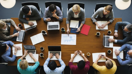 A high-angle, overhead perspective captures a diverse group of business professionals seated around a large wooden conference table. The participants are actively engaged in a meeting or collaborative session, with several individuals using laptops, while others write notes in open notebooks. The table is cluttered with typical office items, including coffee mugs, pens, and paper documents, suggesting a focused and productive work environment where ideas are being exchanged and projects discussed.の素材