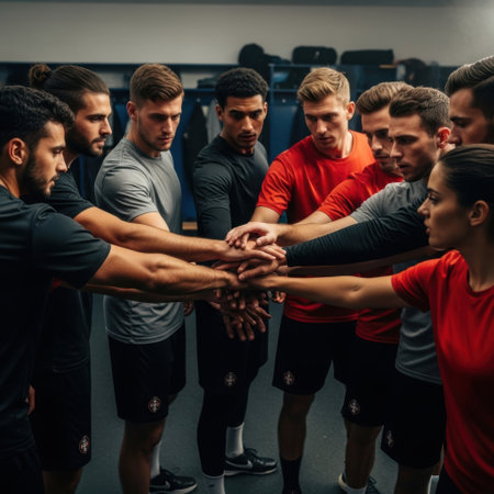 A diverse group of athletes, including men and women, gather in a close huddle. They are standing in what looks like a gym or locker room, dressed in sportswear. Their hands are stacked one on top of another in the center, symbolizing unity, determination, and team spirit. The pose suggests they are motivating each other before a game or intense training session, emphasizing collaboration and support among teammates.の素材