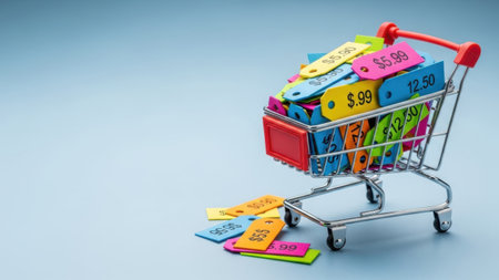 Shopping cart full of colorful discount tags on blue background with copy spaceの素材