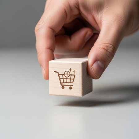 Wooden cube with shopping cart icon. Online shopping and e-commerce concept.の素材