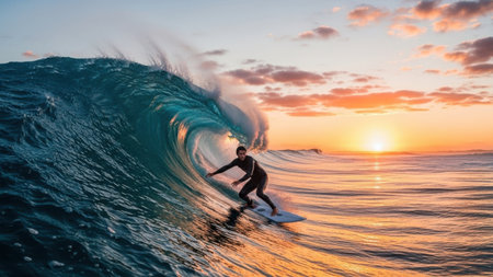 A dynamic shot captures a surfer in a black wetsuit riding a large, curling ocean wave. The wave's inner curve creates a barrel, highlighting the intensity of the sport. The background features a striking sunset with orange, pink, and yellow hues painting the sky and reflecting on the water's surface. The low sun creates a silhouette effect on the surfer and casts a golden glow, adding drama and beauty to the scene. The image evokes feelings of adventure, freedom, and the power of nature.の素材