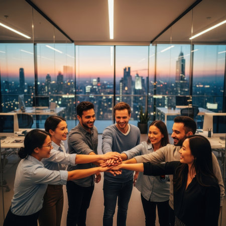 A diverse group of colleagues stands in a circle, placing their hands together in a motivational huddle. The team members are smiling, conveying a strong sense of unity, collaboration, and determination. The scene takes place in a modern office with floor-to-ceiling windows that offer a stunning view of a sprawling city skyline at twilight or dusk, with city lights beginning to illuminate the urban landscape. The background shows a modern workspace with desks, emphasizing a professional and successful environment.の素材