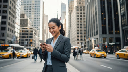 Businesswoman using mobile phone in New York City. Young businesswoman using mobile phone outdoors.の素材