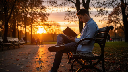 A side view, eye-level shot captures a young man sitting on a dark wooden park bench, completely engrossed in reading a book. He is dressed in a light blue button-up shirt and dark jeans. The scene is set in a park during the golden hour of sunset, with the sun's warm light filtering through the trees in the background, creating a bright silhouette of the foliage. The light casts long shadows on the paved pathway in front of him. The atmosphere is peaceful and serene, depicting a moment of quiet contemplation and leisure amidst nature.の素材