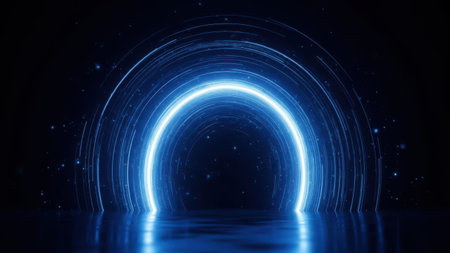 This image depicts a mesmerizing tunnel illuminated with vibrant blue lights. The tunnel appears to be set in a cosmic environment, with stars and a dark backdrop enhancing its ethereal beauty. The lights create a swirling pattern, giving a sense of depth and movement. The overall atmosphere is serene and otherworldly, evoking a sense of wonder and exploration.の素材