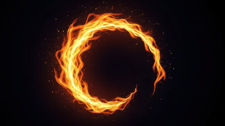 A vivid image of a circular flame burning brightly against a dark background. The fire forms a perfect loop, with intense orange and yellow hues, and small sparks radiating outward. The contrast between the dark background and the fiery circle creates a dramatic and captivating visual effect.の素材
