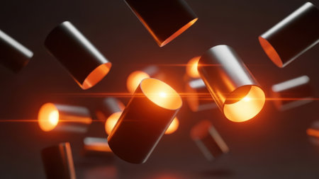 This image showcases an abstract light fixture composed of multiple golden cylindrical lights. The cylinders are arranged in a seemingly random yet aesthetically pleasing manner, creating a warm and inviting ambiance. The lights are illuminated, casting a soft golden glow that enhances the modern and artistic feel of the fixture.の素材