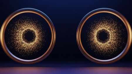 The image features two golden circular ornaments set against a dark background. Each ornament has a central circular cutout and is adorned with sparkling golden particles that radiate outward, creating a striking and elegant visual effect.の素材