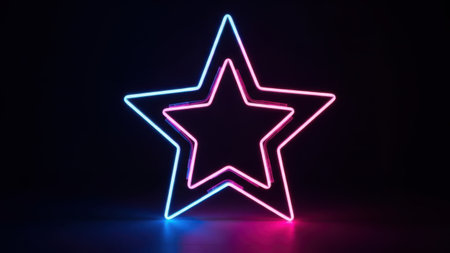 A vibrant neon star glowing against a dark background, emitting a mix of blue and pink hues. The star's outline is clearly defined by the neon lights, creating a striking contrast with the surrounding darkness. This image evokes a sense of modernity and futuristic charm.の素材