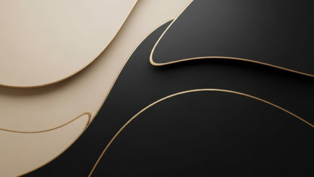 This image features a minimalist design with smooth, curved surfaces in a contrasting color scheme of gold and black. The gold elements create elegant, flowing lines against the dark background, evoking a sense of sophistication and modern artistry.の素材