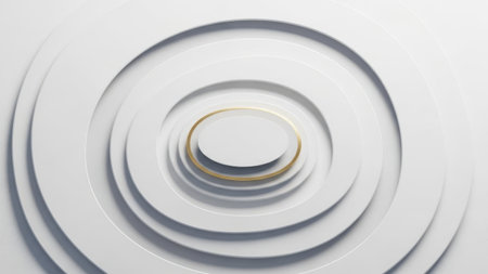 The image features a minimalist design with a central golden spiral surrounded by concentric white circles. The golden spiral is the focal point, drawing the eye inward. The overall composition is simple yet elegant, with a clean white background that enhances the contrast and prominence of the spiral.の素材