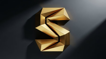 This image features an intricate and visually striking abstract geometric wooden structure. The sculpture is composed of multiple wooden panels arranged in a three-dimensional, angular formation. The light and shadow play emphasizes the depth and complexity of the design, creating a sense of movement and dynamism. The warm tones of the wood contrast beautifully with the dark background, highlighting the craftsmanship and artistic intent.の素材