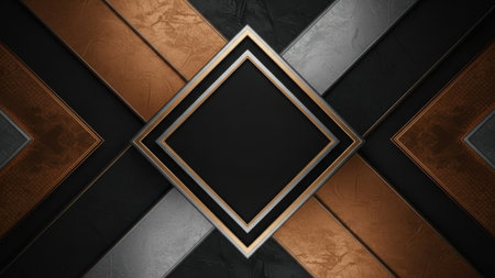 This image features an abstract geometric pattern composed of intersecting lines and shapes. The design includes a prominent diamond-shaped frame outlined in gold, set against a background of dark brown, black, and gray tones. The intersecting lines create a dynamic and visually striking composition.の素材