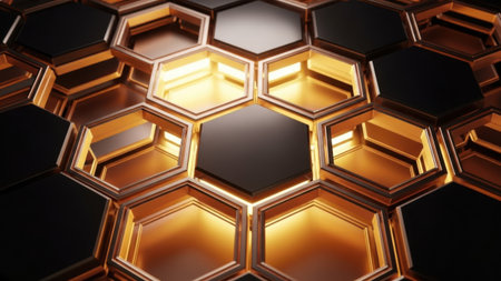 This image showcases a captivating pattern of hexagons, each emitting a warm golden glow. The hexagonal shapes are arranged in a repeating sequence, creating a mesmerizing visual effect. The central hexagon is the brightest, with surrounding hexagons gradually dimming, adding depth and dimension to the image.の素材