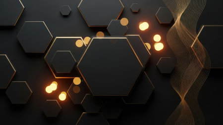 This image showcases a complex geometric pattern composed of hexagonal shapes. The hexagons are arranged in a repeating, interconnected manner, creating a sense of depth and structure. Warm, golden lights illuminate select hexagons, casting a soft glow that highlights the intricate design. The overall composition suggests themes of technology, connectivity, and modern design.の素材