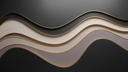 This image features a series of wavy, layered lines in various shades of gray, with elegant gold accents along the edges. The design creates a sense of depth and movement, with the lines curving gracefully against a dark background. The gold accents add a touch of sophistication and contrast to the overall composition.の素材