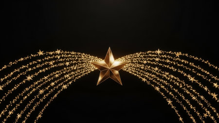A stunning image of a golden star at the center, radiating numerous smaller stars in a symmetrical pattern against a dark background. The starburst effect creates a mesmerizing display of light and depth, evoking a sense of cosmic beauty and wonder.の素材
