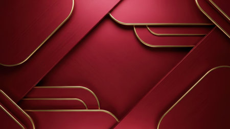 The image features a striking modern abstract pattern composed of bold red shapes with golden accents. The design is symmetrical and geometric, creating a sense of depth and dimension. The rich red tones are highlighted by the gold outlines, adding a touch of elegance and sophistication. The overall composition is visually appealing and could be used for various design applications.の素材