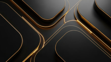 This image features an intricate design of golden geometric shapes against a sleek black background. The shapes are interconnected with smooth, flowing lines, creating a sense of depth and dimension. The golden hue adds a touch of elegance and sophistication to the overall composition.の素材