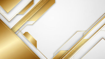 This image features an intricate geometric design with a prominent use of gold and white colors. The pattern consists of intersecting shapes with a glossy finish, creating a luxurious and modern aesthetic. The design is symmetrical and precise, evoking a sense of elegance and sophistication.の素材