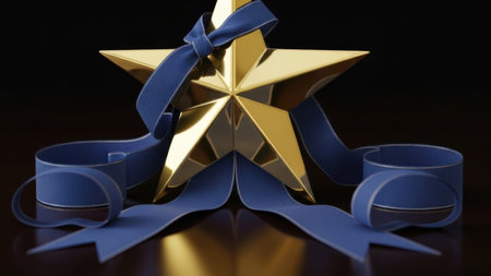 A golden star-shaped decoration adorned with blue ribbons, creating a festive and elegant display. The star is placed on a reflective surface, enhancing its shine. The blue ribbons are tied in a bow at the top and drape elegantly around the star, adding a touch of sophistication.の素材