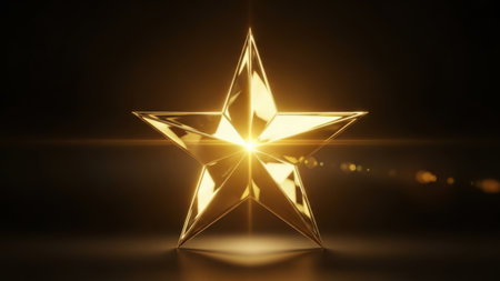 A beautifully crafted glass star is illuminated from within, casting a warm glow against a dark background. The star's intricate design and reflective surfaces create a mesmerizing display of light and shadow, adding a touch of elegance and sophistication to the scene.の素材