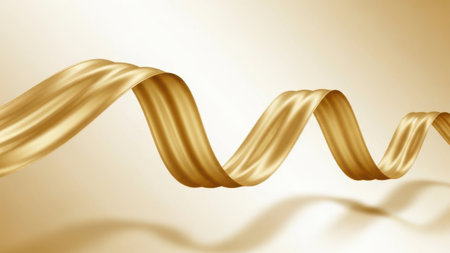 A close-up image of a golden ribbon gracefully waving in soft, diffused light. The ribbon's smooth texture and rich color create a sense of elegance and sophistication. The light casts delicate shadows, emphasizing the ribbon's fluid movement and subtle curves.の素材