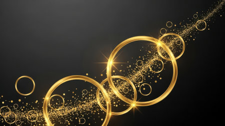 This image features a captivating arrangement of golden circles and dots against a dark background. The circles vary in size and are arranged in a diagonal line, creating a sense of movement and depth. Each circle emits a radiant glow, with smaller dots scattered around, enhancing the luminous effect. The overall composition evokes a sense of elegance and mystique, perfect for themes of luxury, celebration, or spiritual enlightenment.の素材