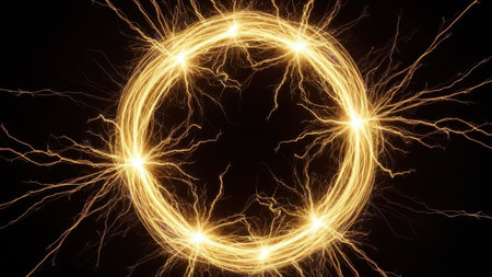 This image depicts a mesmerizing circular pattern of radiant energy. The golden tendrils of light emanate from the center, creating a symmetrical and intricate design. The dark background contrasts sharply with the bright, luminous lines, emphasizing the beauty and complexity of the energy flow.の素材