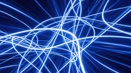 This image features a captivating display of blue light trails intertwining in a dynamic and abstract manner. The lines appear to dance and weave through the dark blue background, creating a sense of motion and depth. The vibrant blue hues contrast sharply with the dark backdrop, emphasizing the fluidity and energy of the light trails.の素材