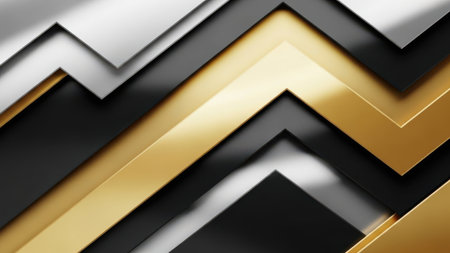 This image features a striking abstract composition with overlapping zigzag shapes. The design prominently incorporates gold and black tones, creating a sense of depth and dimension. The gold elements add a luxurious and elegant touch, contrasting sharply with the dark, sleek black sections. The overall effect is modern and sophisticated, suitable for various artistic and design applications.の素材