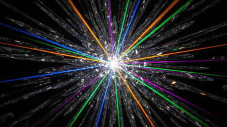 This image depicts a vivid and dynamic explosion of light with multiple beams radiating outwards in various colors including blue, green, orange, and purple. The central point of the explosion is bright and white, with the beams spreading outwards in a symmetrical pattern. The background is dark, which accentuates the brilliance and clarity of the colored beams.の素材