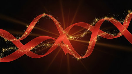 This image features a striking red ribbon that is intricately twisted and illuminated with golden light. The ribbon appears to be in motion, creating a dynamic and captivating visual effect. The golden light radiates from the center, casting a warm glow and adding a sense of depth and dimension to the image. The background is dark, which accentuates the vivid red and golden hues, making the ribbon stand out prominently.の素材