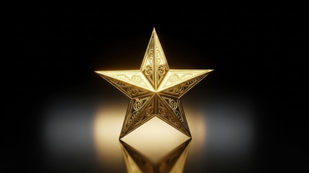 This image features a beautifully crafted golden star that stands out against a dark background. The star is intricately designed with detailed patterns and emits a warm glow, creating a striking contrast with the surrounding darkness. The reflection of the star adds depth to the image, enhancing its visual appeal.の素材