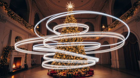 A grand Christmas tree adorned with spiral light patterns stands majestically in an opulent room. The room features high ceilings, ornate decorations, and a warm, inviting atmosphere. The tree is surrounded by festive ornaments and gifts, enhancing the holiday spirit.の素材
